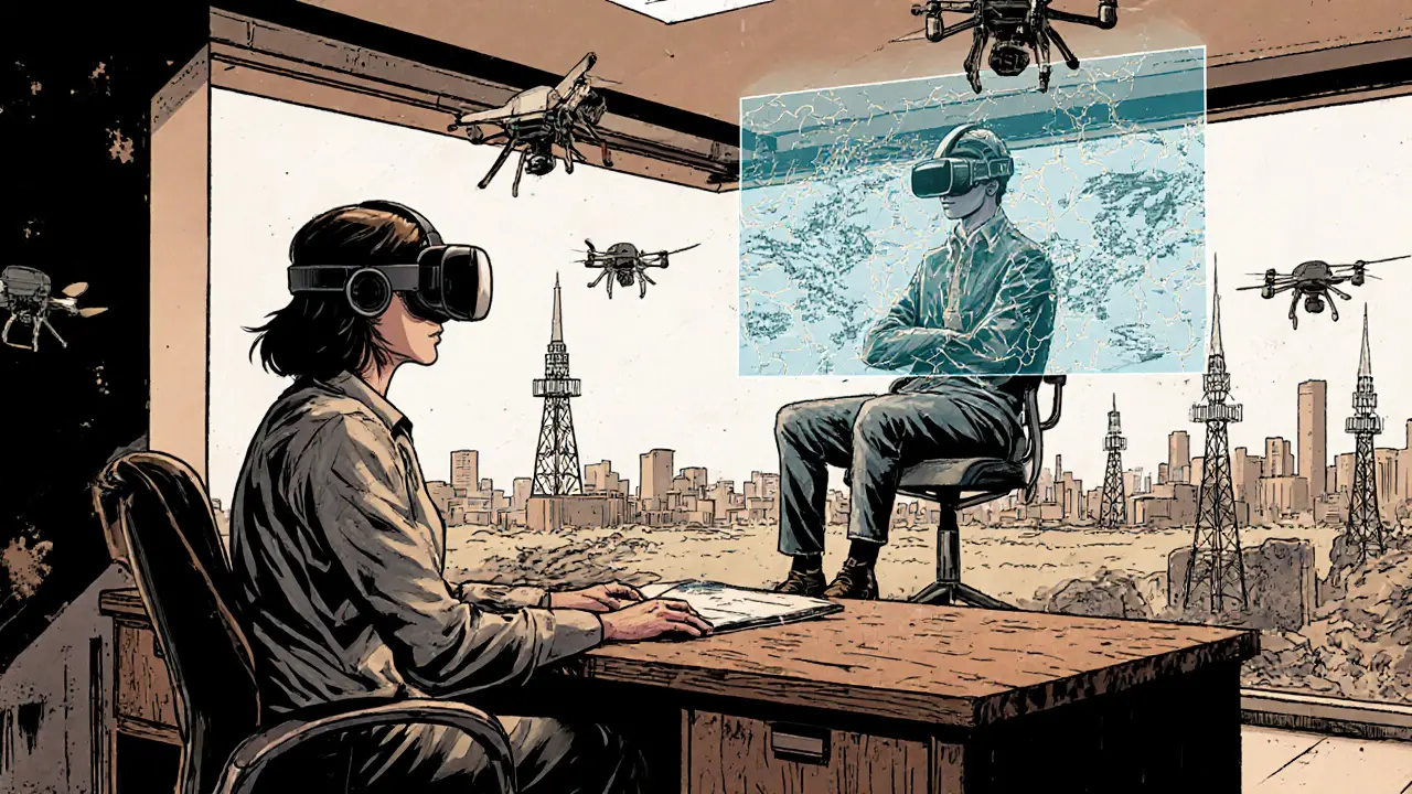 Hybridní terapie v reálném i virtuálním prostoru s AR headsetem a futuristickými technologiemi.