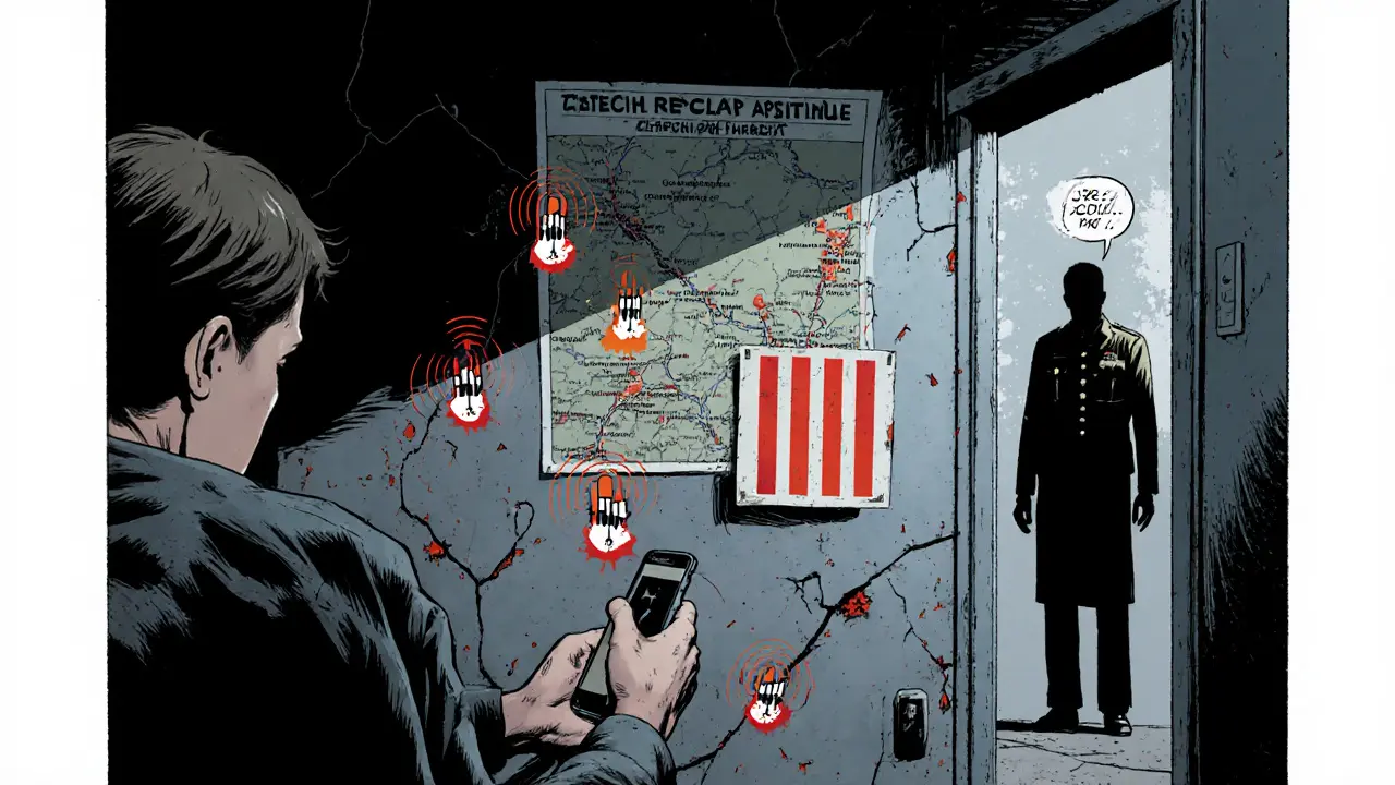 Klient v terénu s telefonem, signalizační pruhy jako nepřátelské jednotky.