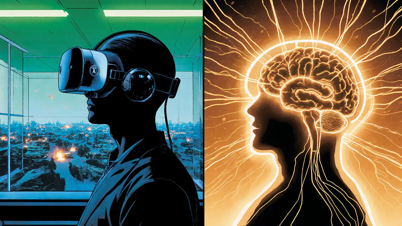 Pacient v VR headsetu, virtuální bojové pole a propojující se nervové dráhy.