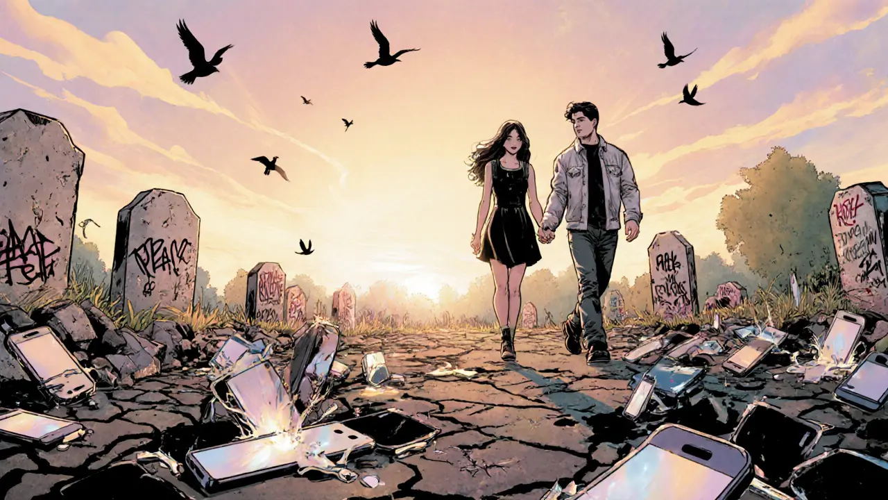 Pár kráčí parkem, za nimi leží rozbité telefony, symbolizuje klid po digitálním detoxu.