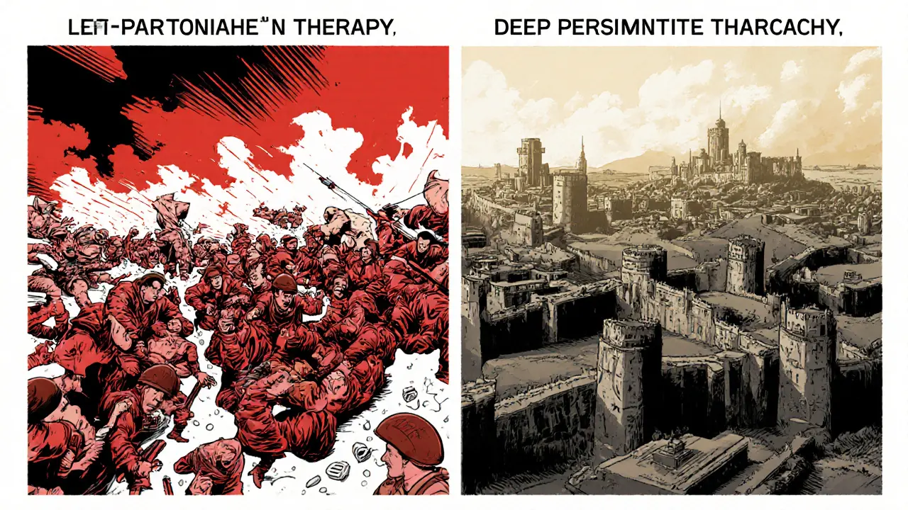 Podpůrná a rekonstrukční terapie zobrazené jako dvě válečné fronty – medici a stavební inženýři.