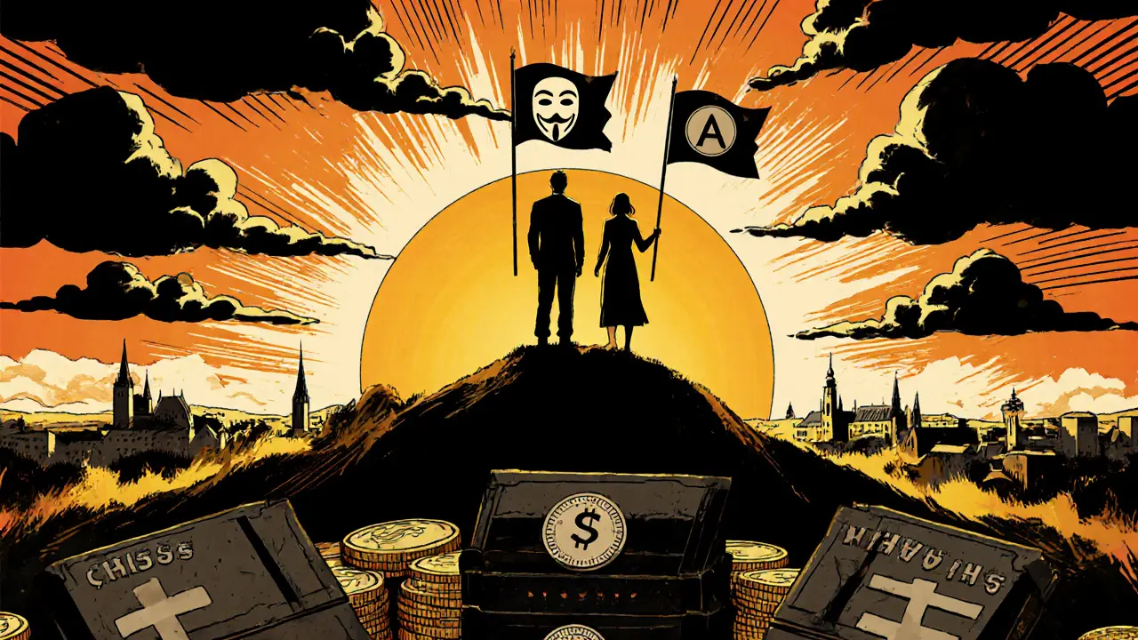 Terapeut a klient na vrcholu kopce, vlajky symbolizují anonymitu a úspěch.