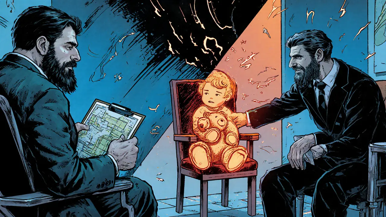 Terapeut a klient u prázdné židle, z ní vychází vnitřní dítě.