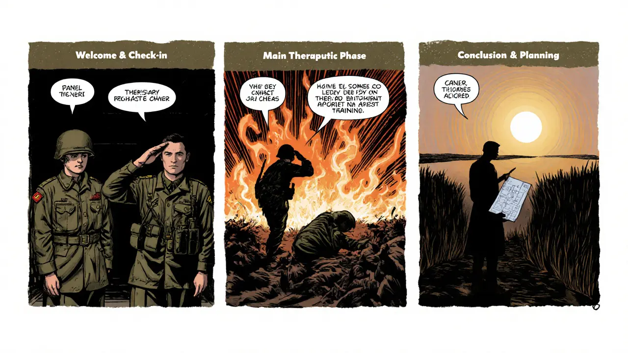 Tři panely ukazují terapie: úvodní kontrola, hlavní terapeutické boje a závěrečné plánování.