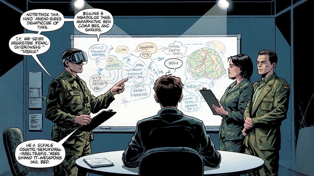 Tým specialistů v taktickém místě řeší BED u kulaté stoly s diagramy.