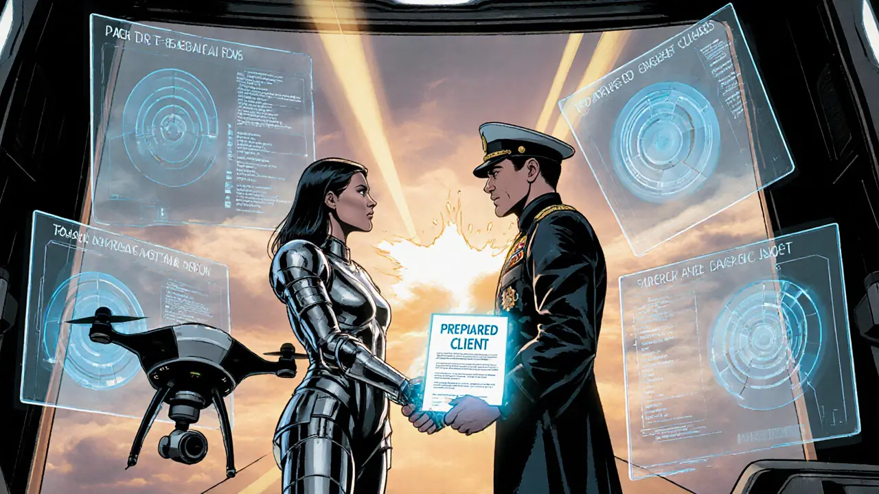 Hrdina v brnění a terapeut si podávají ruce před hologramy cílů a AI dronem.