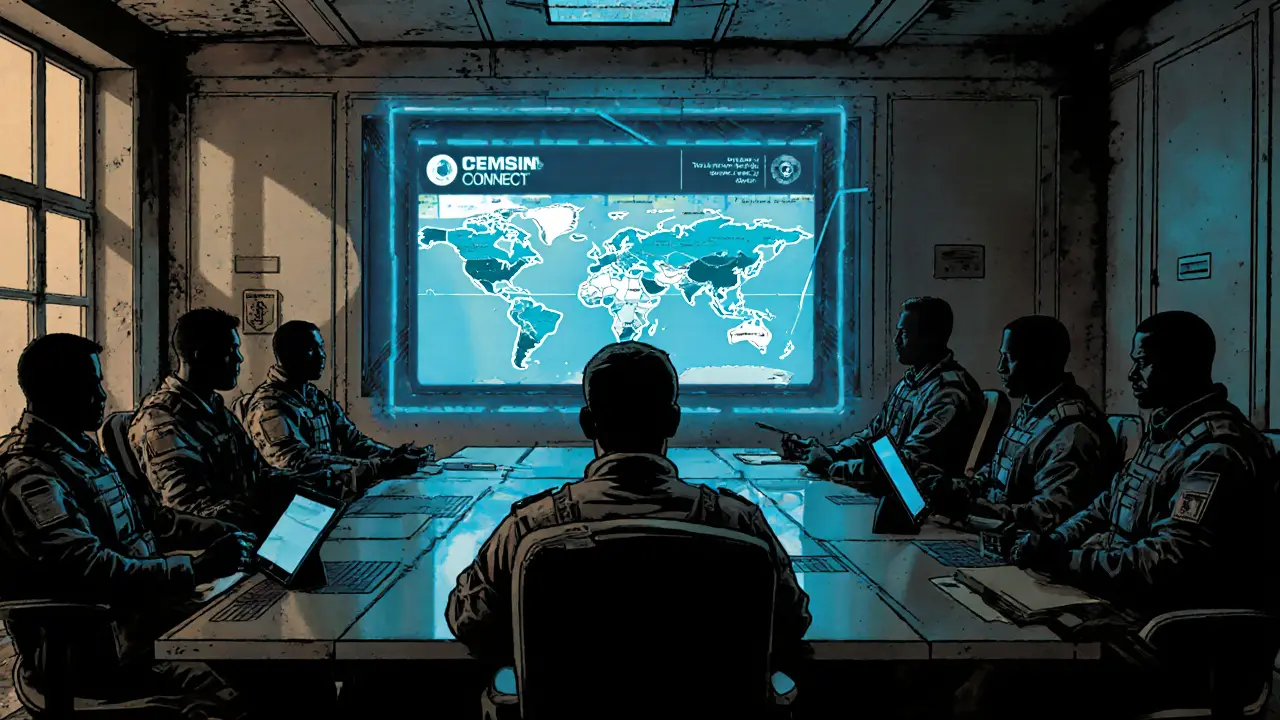 Hybridní briefing s digitální platformou CISM Connect, členové týmu používají tablety a videohovor.