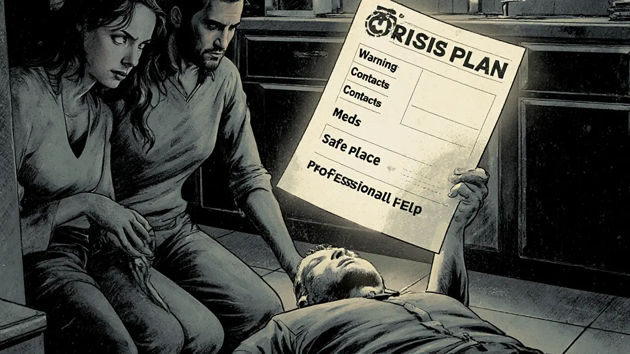 Nepřítomná osoba na podlaze, zatímco druhá osoba drží tištěný krizový plán s přehledem klíčových částí.