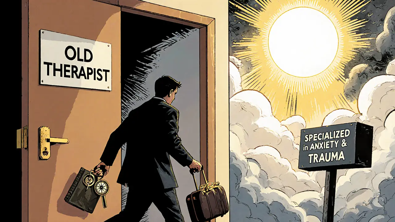 Osoba opouští starou terapeutickou místnost a jde k novému terapeutovi, který ji čeká se sluncem za ní.