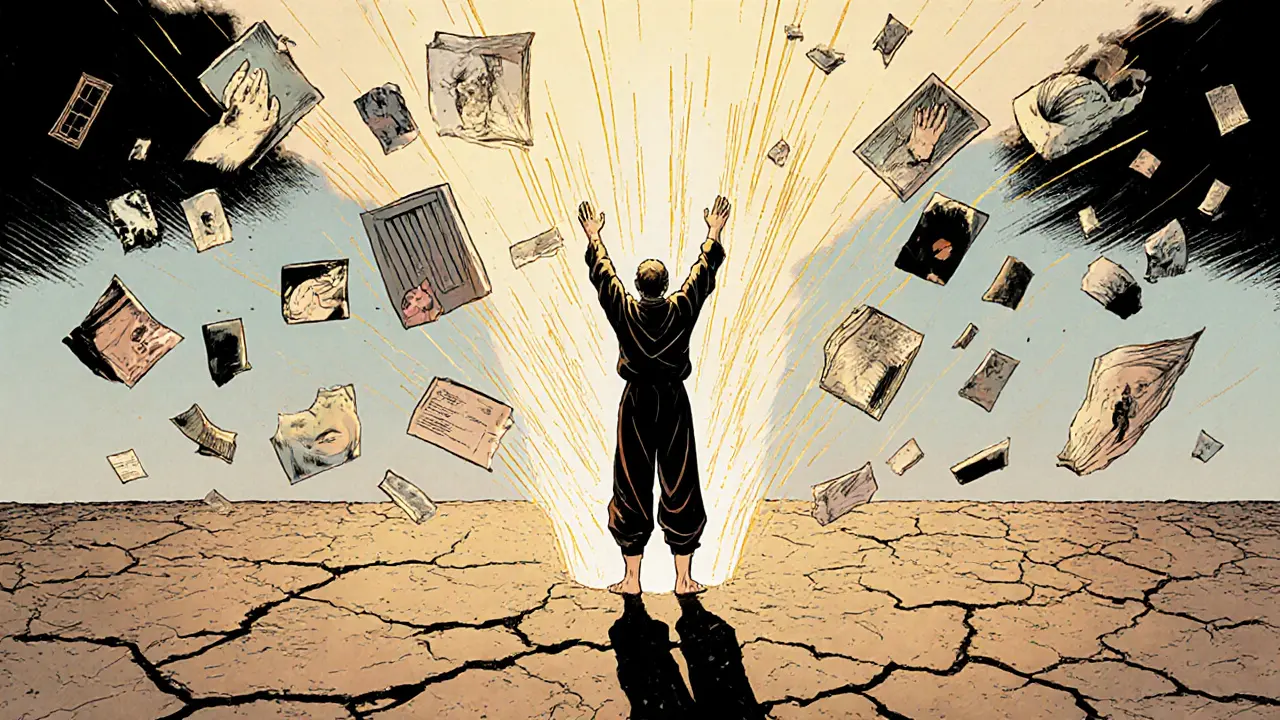 Osoba stojí na rozbité zemi, z jejích prstů vystupují zlaté nitky, spojující ji s fragmenty vzpomínek, její stín je klidný.