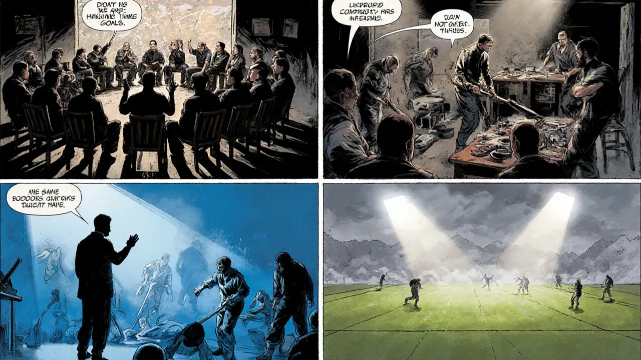 Ranní setkání, práce, terapie a sport v jedné komiksové scéně.