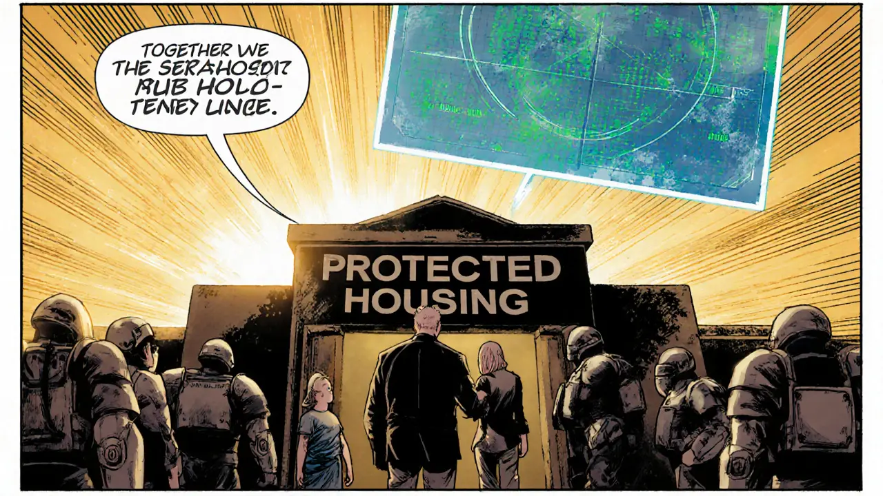 Rodina a kamarádi podporují osobu u opevněné budovy, digitální radar ukazuje varování.