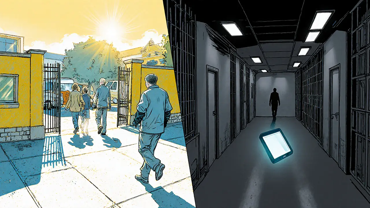 Rozdělený obrázek ukazuje otevřenou i uzavřenou terapeutickou komunitu.