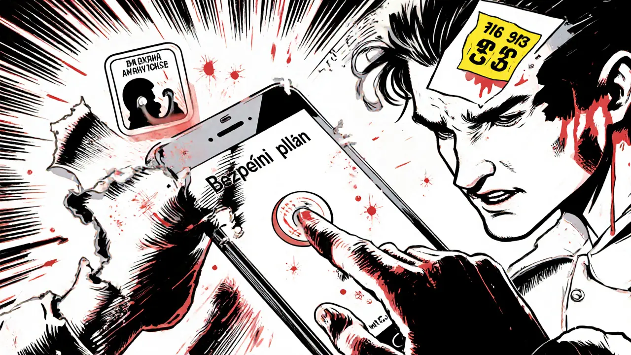 Ruka stiskne tlačítko na telefonu s aplikací Bezpečný plán, která vysílá světlo k pomocným institucím.