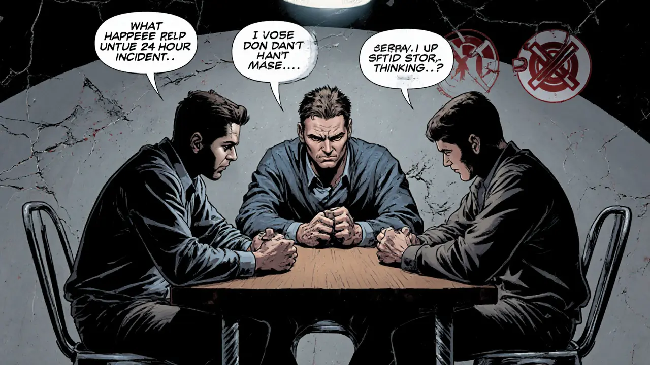 Skupina kolegů během defusingu, sedí u stolu v temné místnosti, napjaté výrazy.