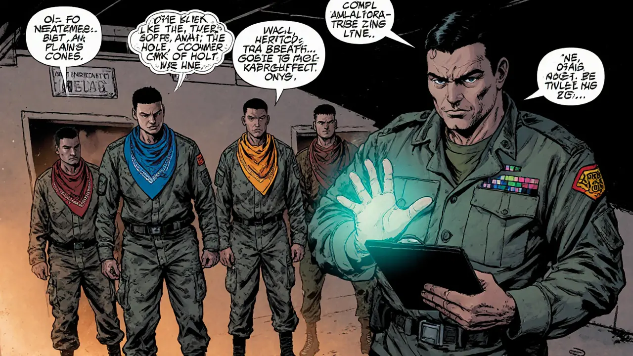 Skupina pacientů cvičí dechové techniky pod vedením terapeuta, připomíná vojenský výcvik.