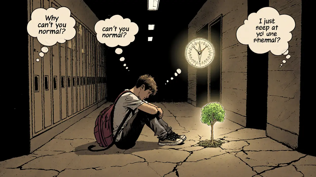 Student v chodbě střední školy je obklopen kritikou, ale z jeho batohu roste naděje.