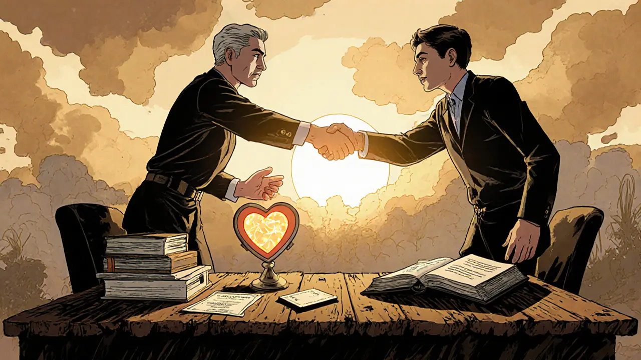 Terapeut a klient si podávají ruce v zákopu, obklopeni symboly důvěry a odbornosti, komiksová válečná estetika.