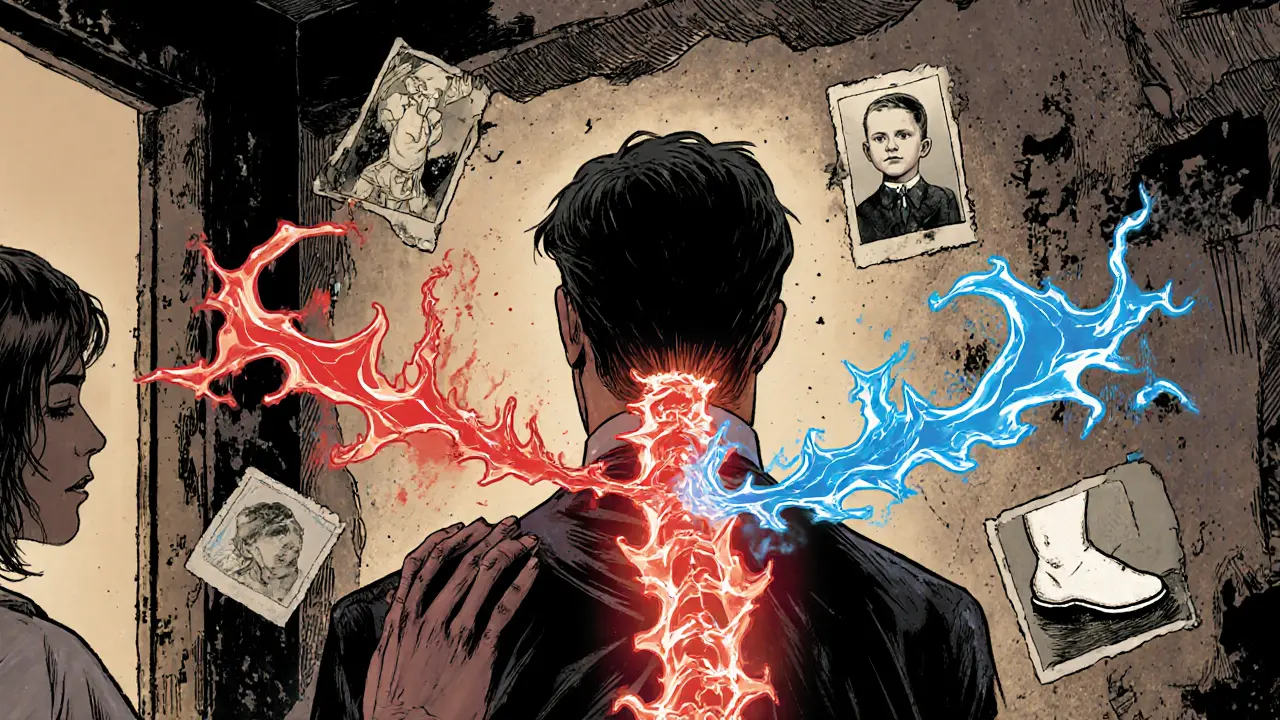 Terapeut a klient v prostředí zničené místnosti, z těla klienta vychází dvě energie — jedna traumatu, druhá bezpečí.