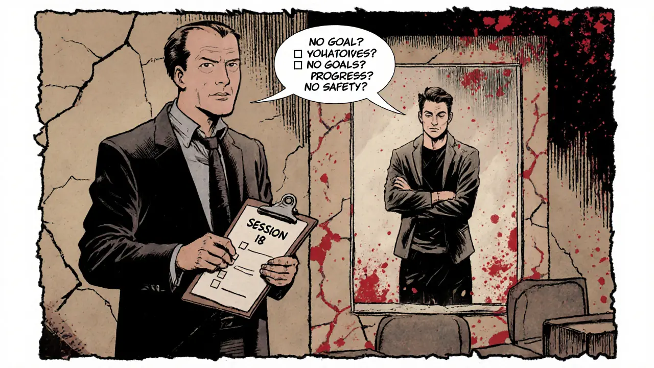 Terapeut s nevýrazným výrazem drží klipboard, zatímco klient stojí za bariérou s myšlenkami o neúspěchu terapie.