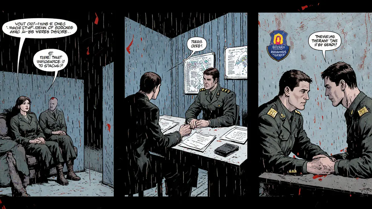 Tři panelové scény: žena s terapeutkou v bunkeru, muž s terapeutem u velení, transgender klient s kompetentním terapeutem, styl válečného komiksu.