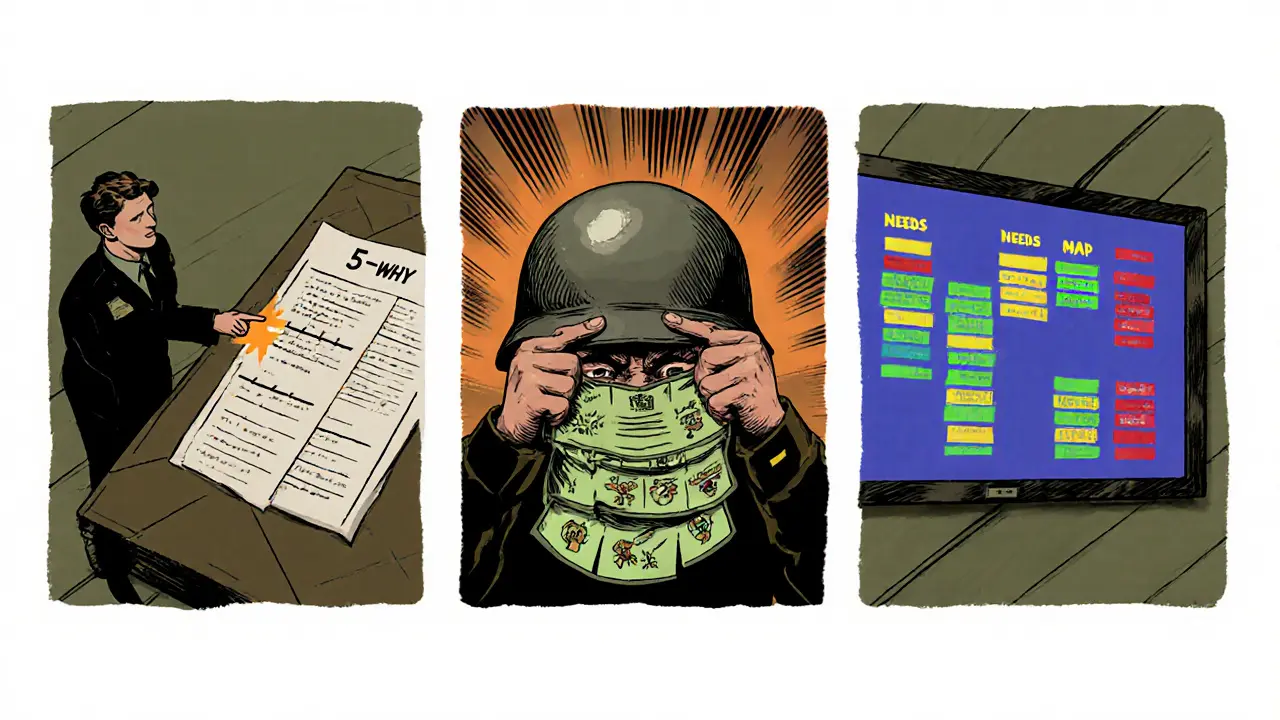 Tři panely: briefing časového rámce, technika &quot;5 proč&quot; a vizualizace mapy potřeb.