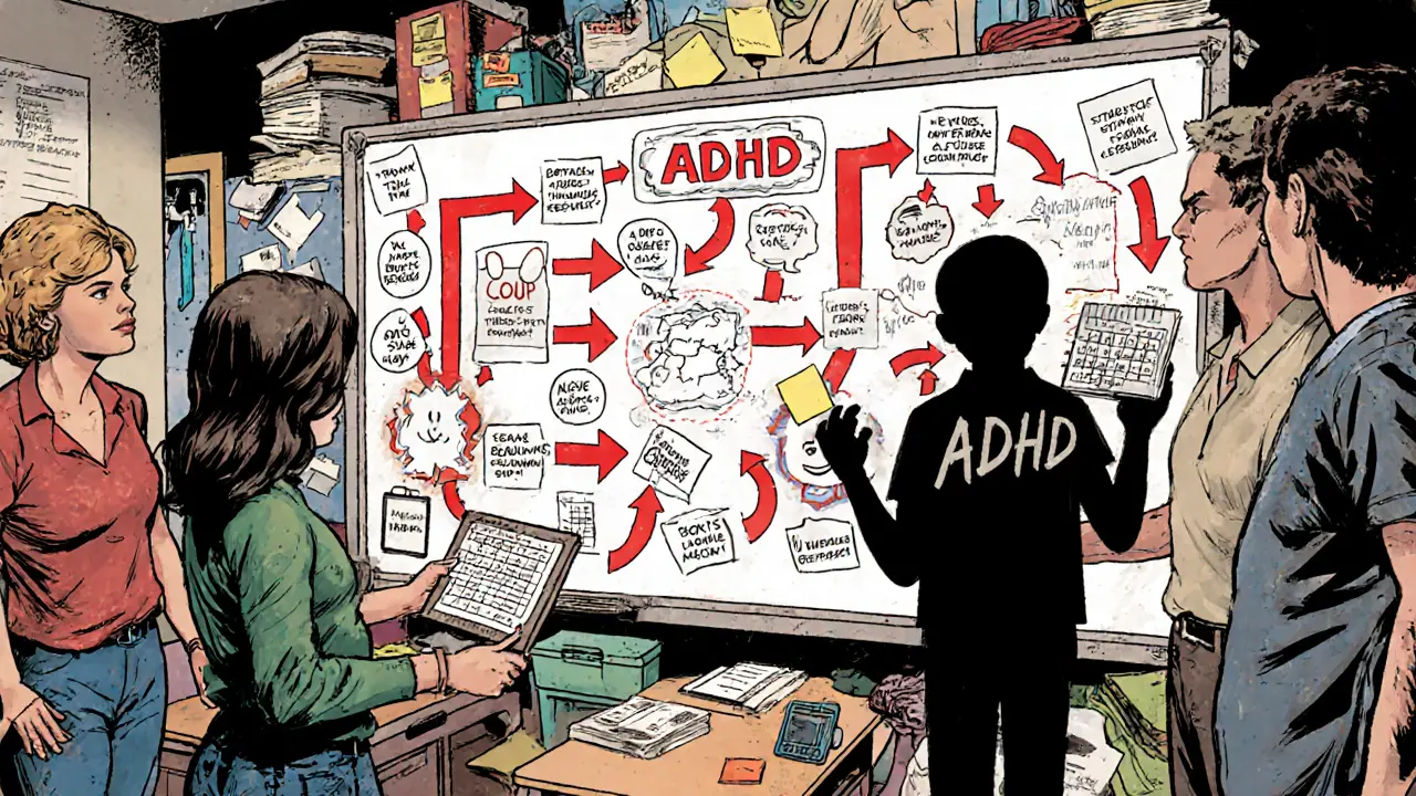 Tým pedagogů a rodičů společně vytváří plán pro přechod dítěte s ADHD.