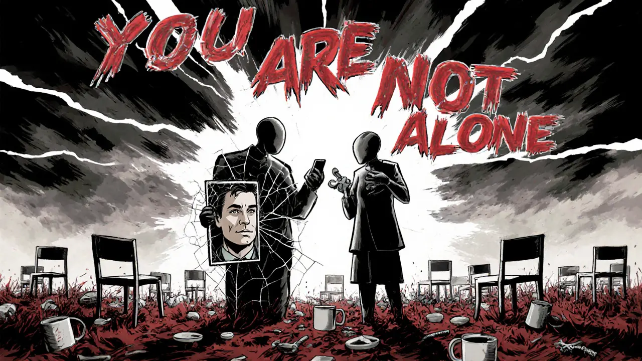 Abstraktní scéna dvou postav na bojišti s odrazem terapeuta v zrcadle a klíčem symbolizujícím přístup k emocím.