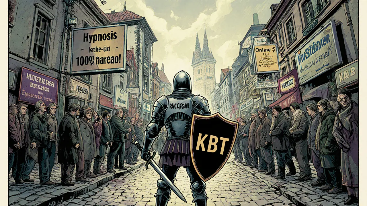 Chaotický trh s terapiemi v Praze, kde KBT jako hrdina bojuje proti neúčinným metodám s plakáty.