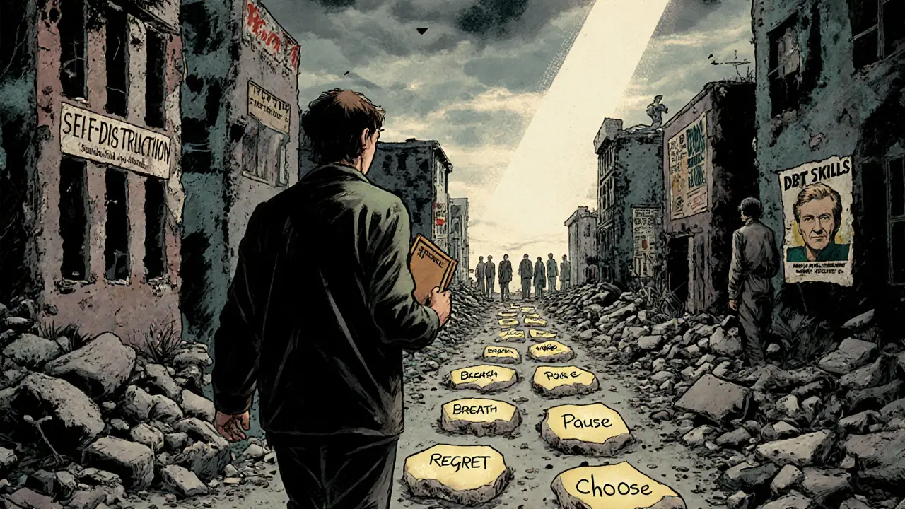 Člověk kráčí úžasnou cestou značek DBT skrz zříceninu vlastních bojů.