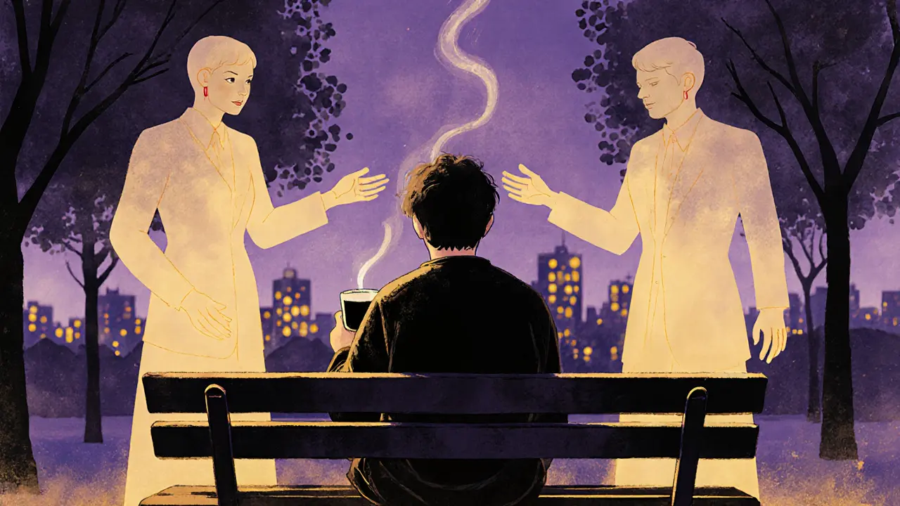 Člověk na lavičce s průhlednými verzemi sebe, zlaté světlo kolem kávy.