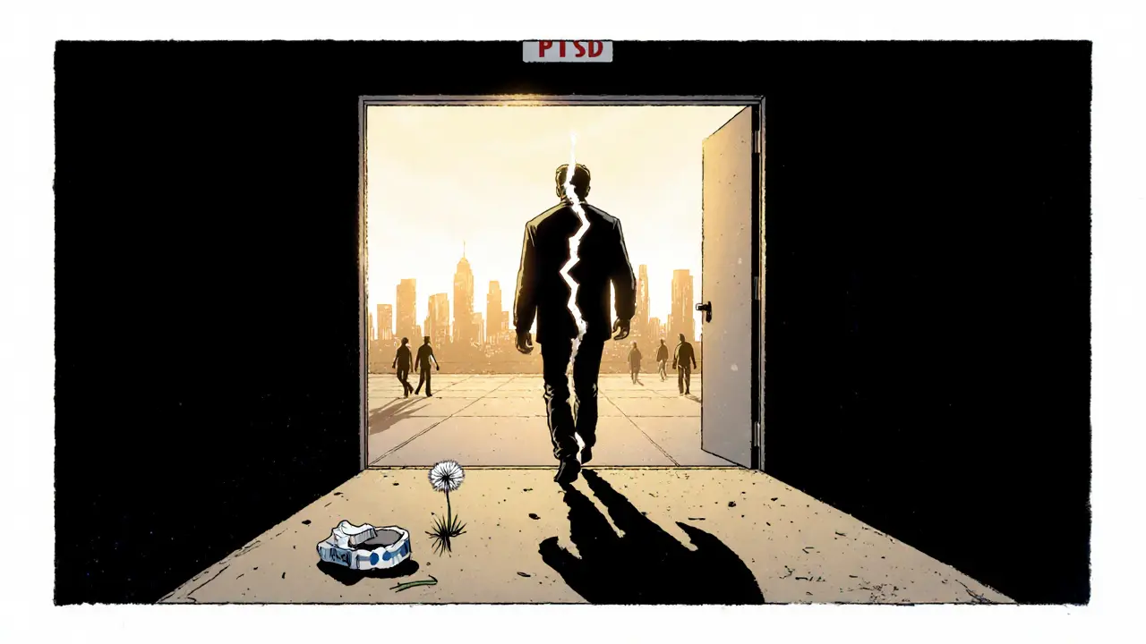 Člověk opouští nemocnici, jeho stín se dělí na zlomený a celistvý, růst děvěnky v betonu.