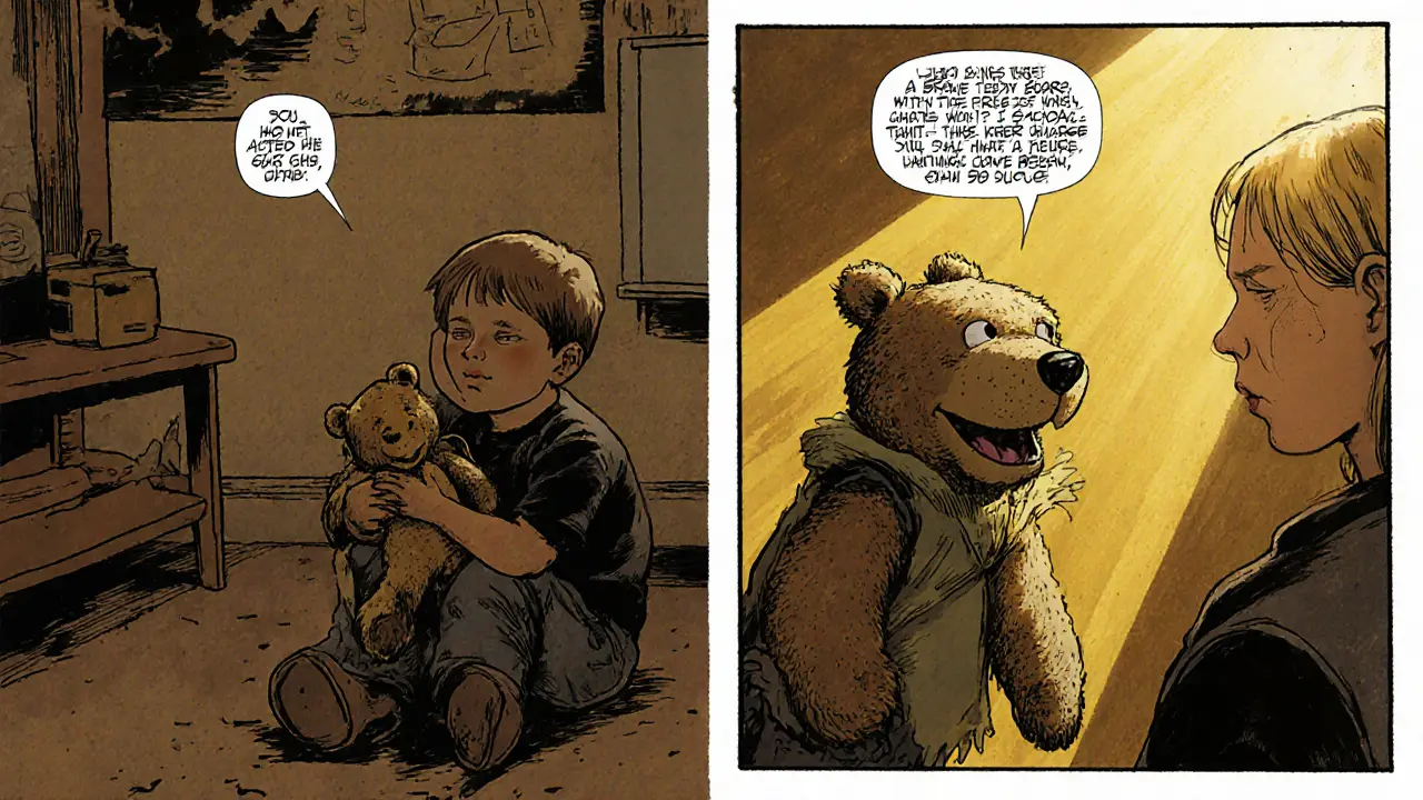 Dítě drží plyšáka ve třídě, terapeut hraje s loutkou, která představuje odvahu.