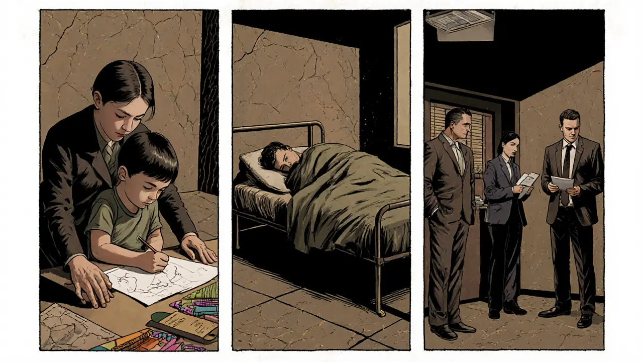 Dítě kreslí, psycholožka sedí u něj, v pozadí tým pracovníků tiše spolupracuje v krizovém centru.