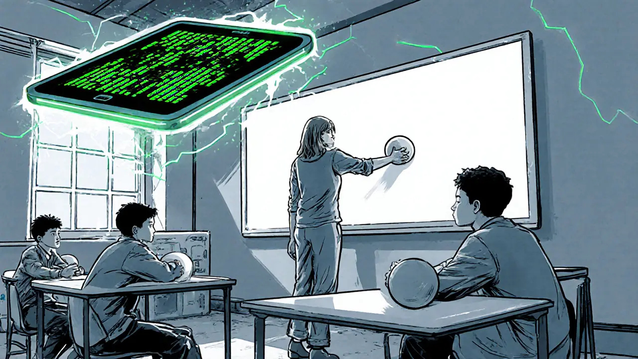 Dítě stojí u tabule během výuky, drží kuličky, terapeut vedle, v pozadí svítí digitální tabulka dat.