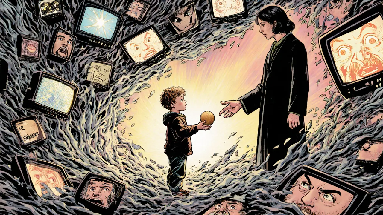 Dítě v centru chaosu se dívá na rodiče, který mu podává kuličku, chaos se mění v klid.