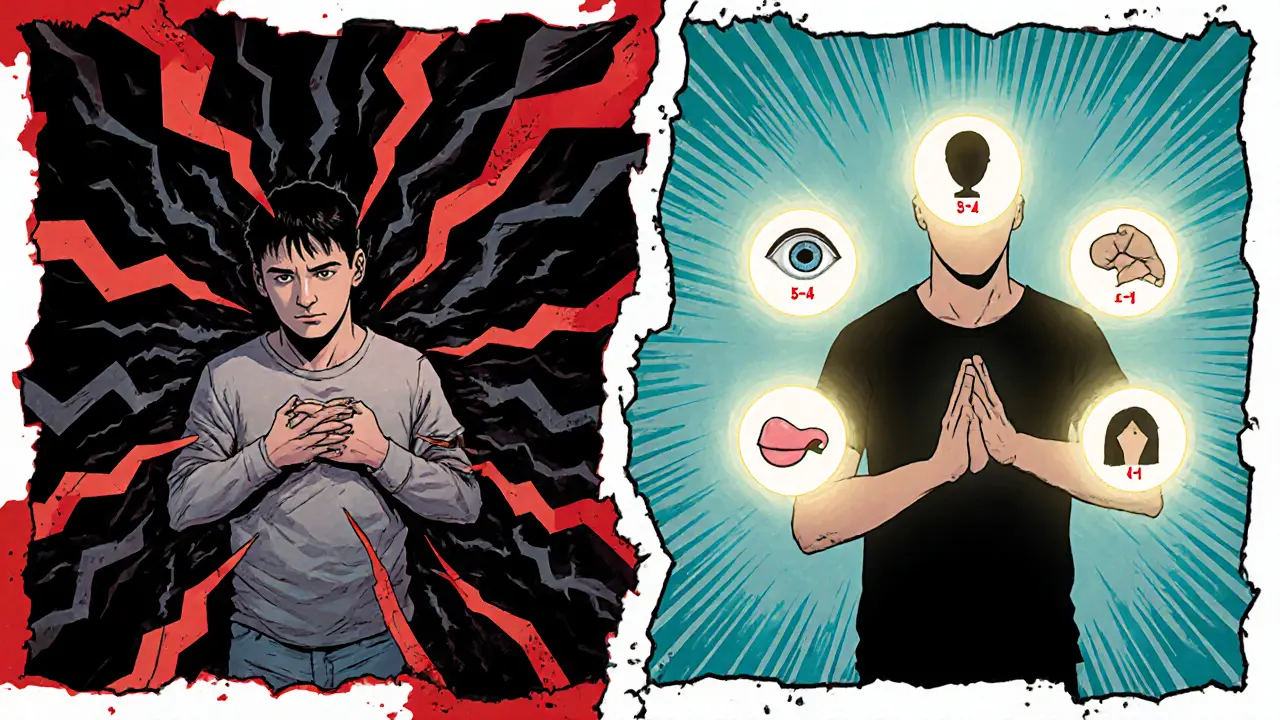 Dvě paralelní scény: jedna s traumatem jako blesky, druhá s bezpečnou technikou 5-4-3-2-1.