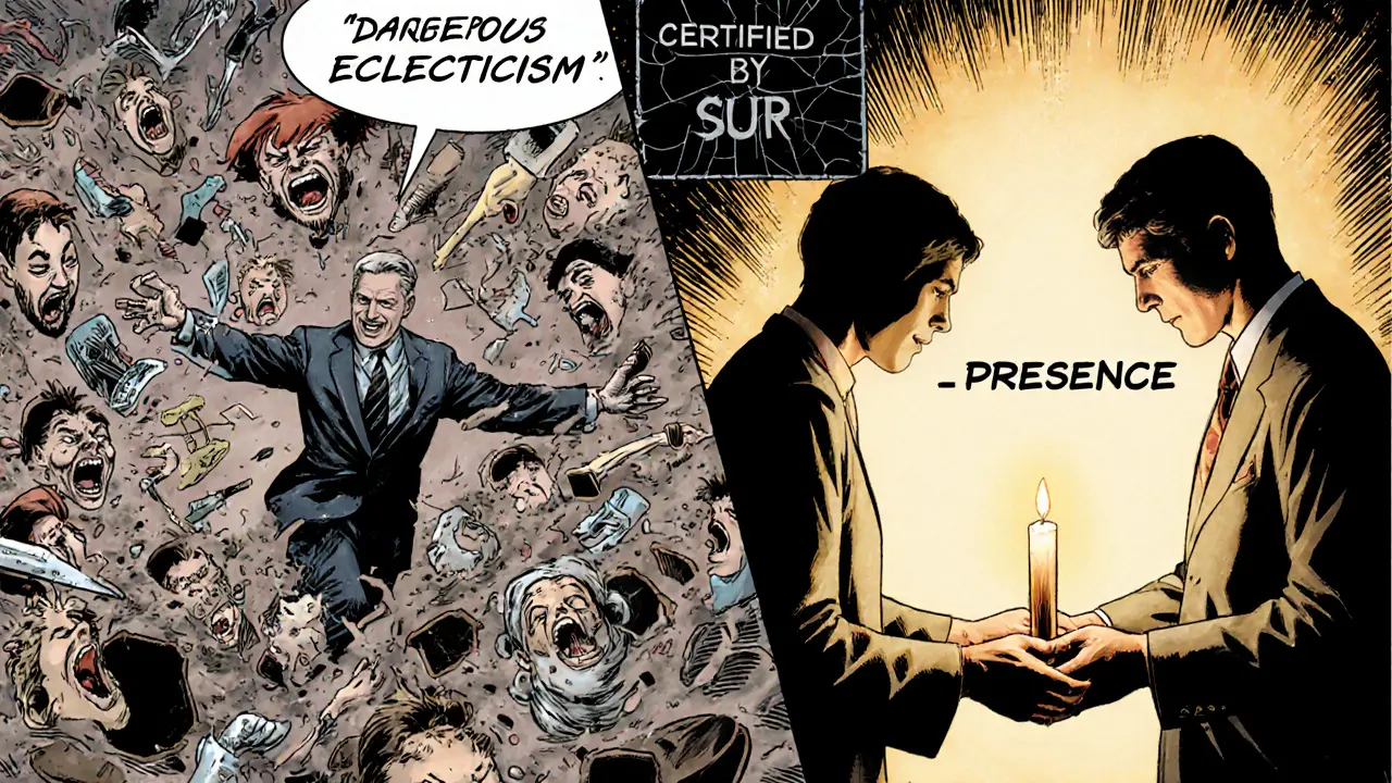 Dvojitý scénář: chaotické házení technik vlevo a klidné přítomnost s jednou svíčkou vpravo.