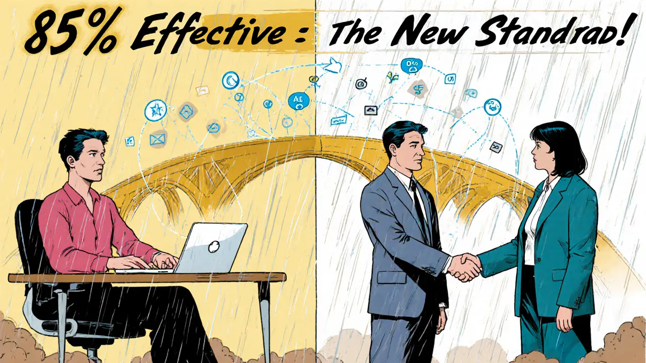 Hybridní terapie: klient spojen s terapeutem online i osobně, s datovým mostem a AI analýzami jako symboly budoucnosti.