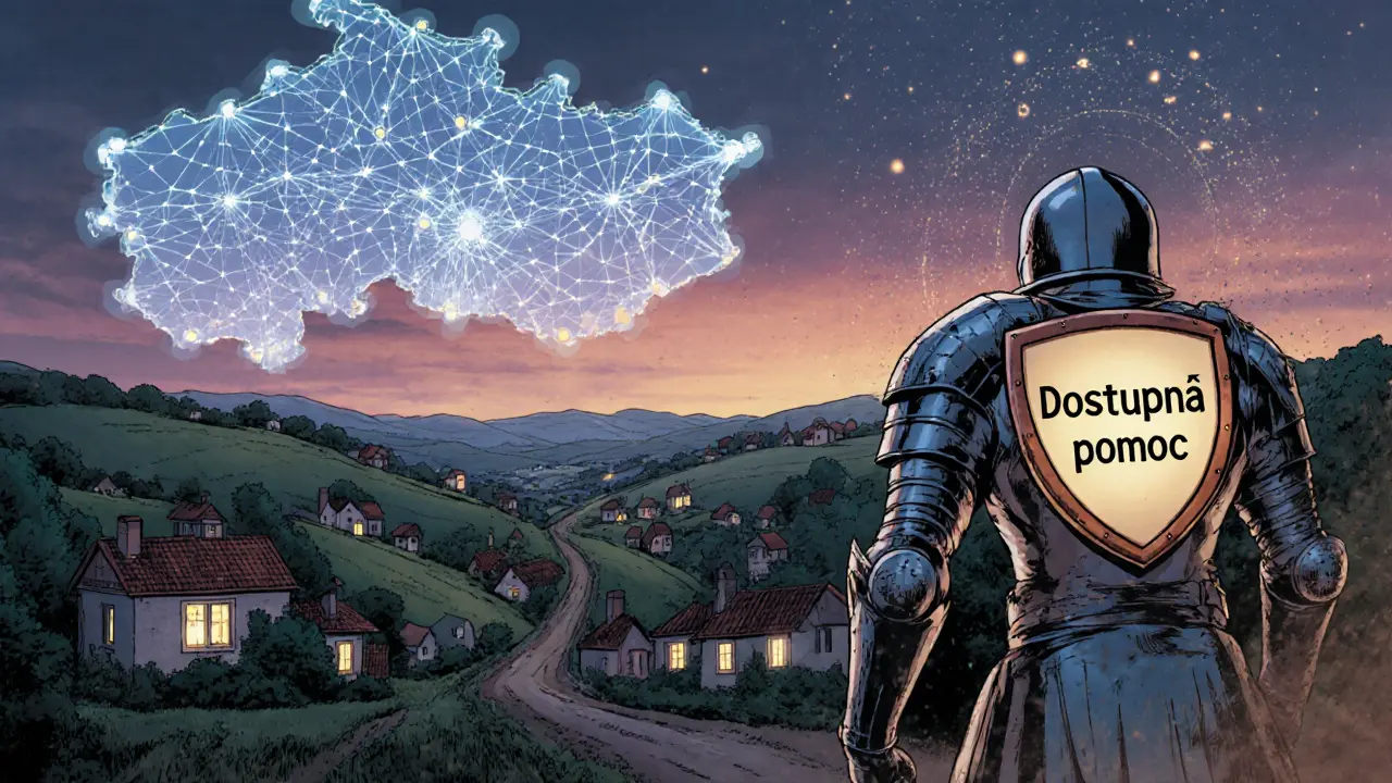 Kartografická scéna české krajiny s propojenými domy, kde online terapie spojuje izolované obce.