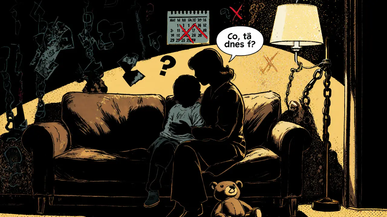 Matka a dítě v tiché chvíli, kdy matka ptá: &#039;Co tě dnes těží?&#039;