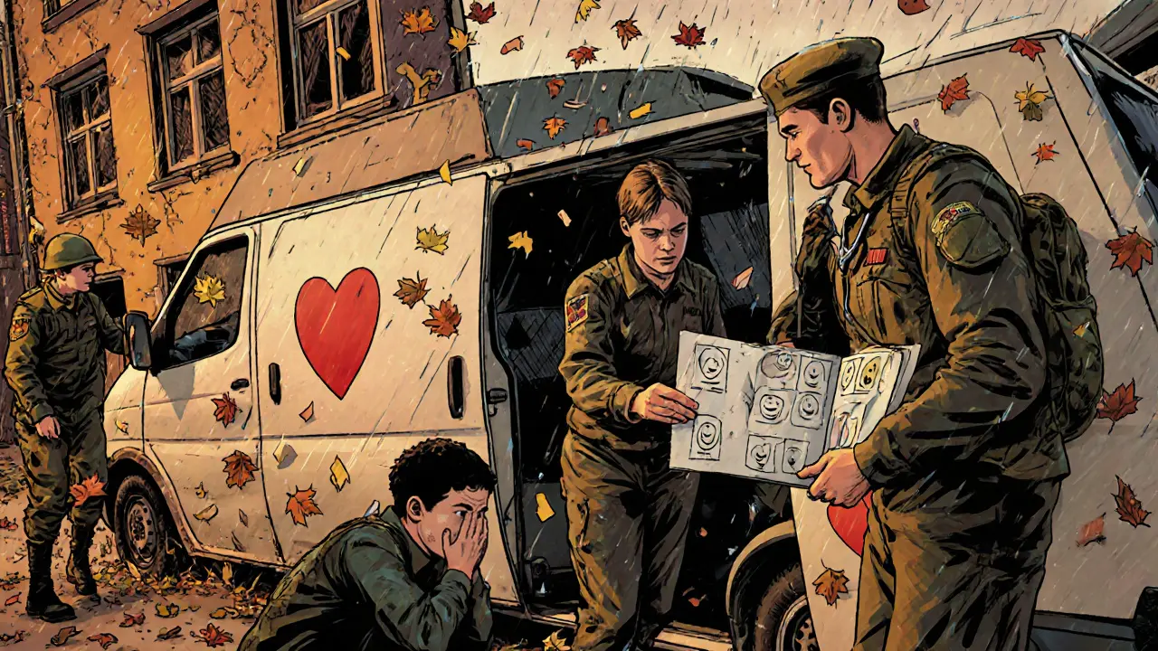 Mobilní tým pomáhá dítěti a učiteli ve škole, symbolizující prevenci duševních obtíží.