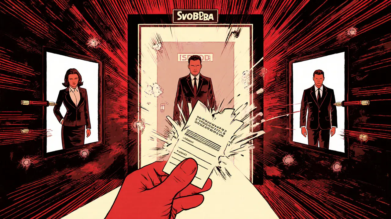 Muž láme termín na terapii, zatímco tři terapeuti se rozplynou, zatímco za ním září dveře volnosti.