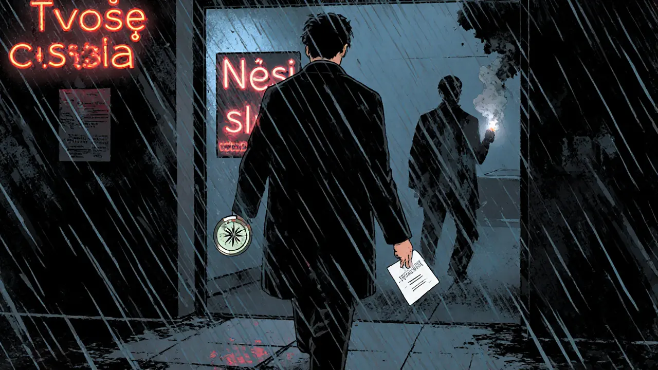 Muž odchází z prázdné terapeutické místnosti v dešti, drží kompas a nový termín, stín bývalého terapeuta se rozplynul.