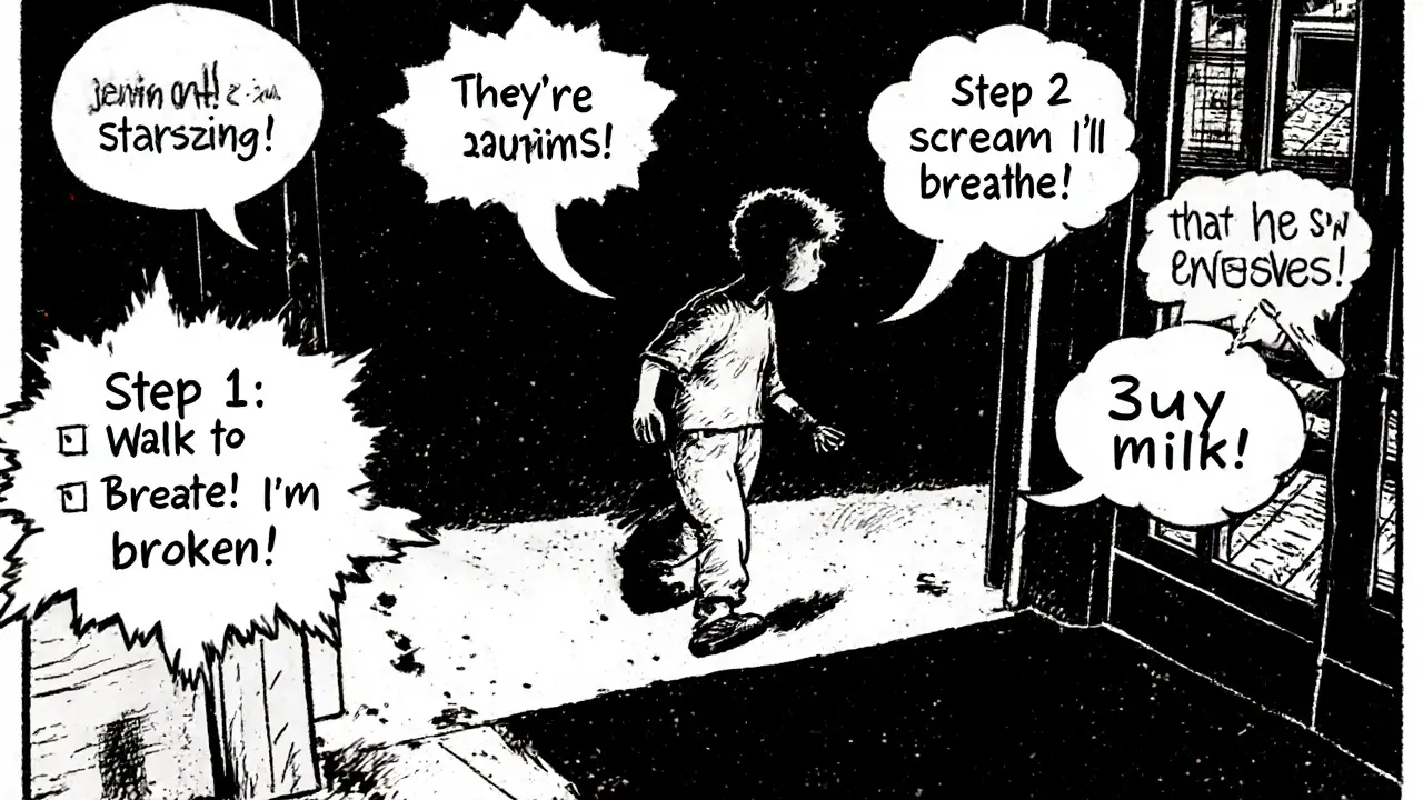 Muž se krokuje k supermarketu, jeho myšlenky jsou znázorněny jako komiksové bubliny strachu.