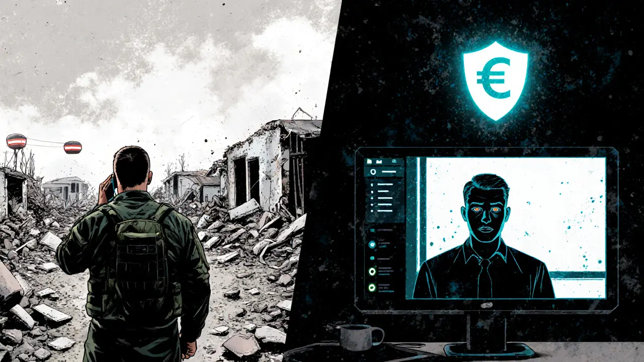 Muž v bojišti hovoří s terapeutem přes telefon, zatímco doma v klidu pláče při konzultaci.