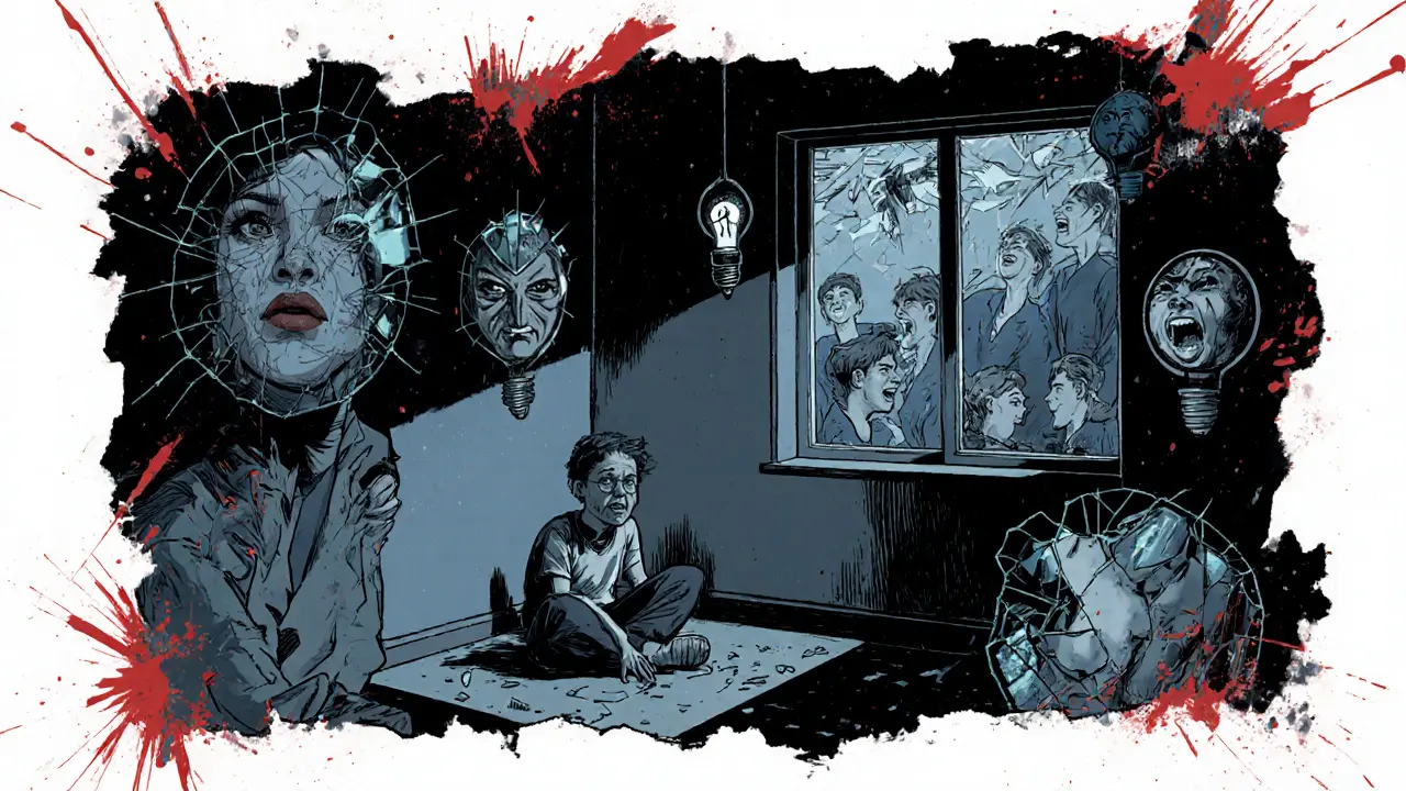 Neposlušný teenager sedí sám v tmavé místnosti, kolem něj odrazové zrcadla.