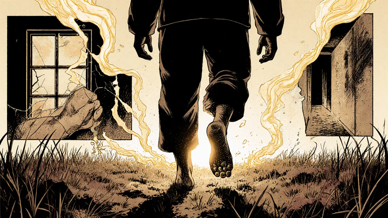 Osoba chodí bosá po trávě, ze stop se zvedají zlaté světelné proužky.