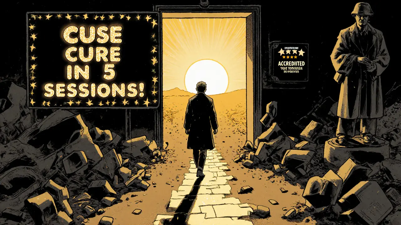 Osoba opouští nápadnou kliniku a jde k dveřím s akreditací ČAP, za ní se říhají falešné terapeuty.