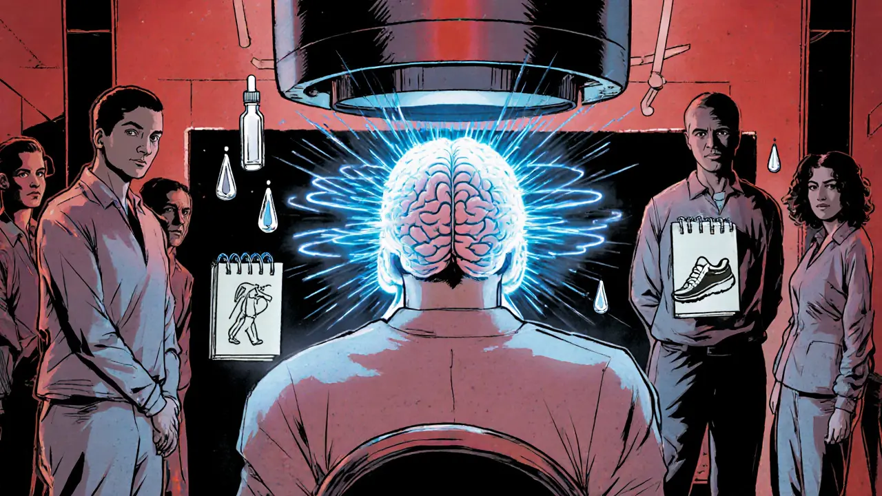 Pacient pod magnetickým zařízením, kolem něj plavou ikony CBD, deníku a chůze, v lékařské místnosti.